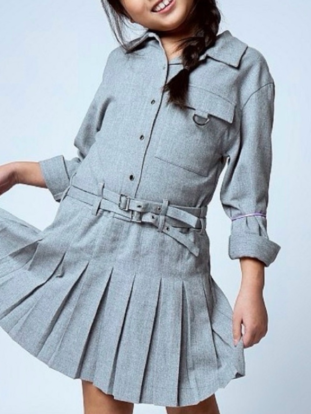 ZARA Gray Pleated dress with cargo pockets - gray long sleeves girls dress